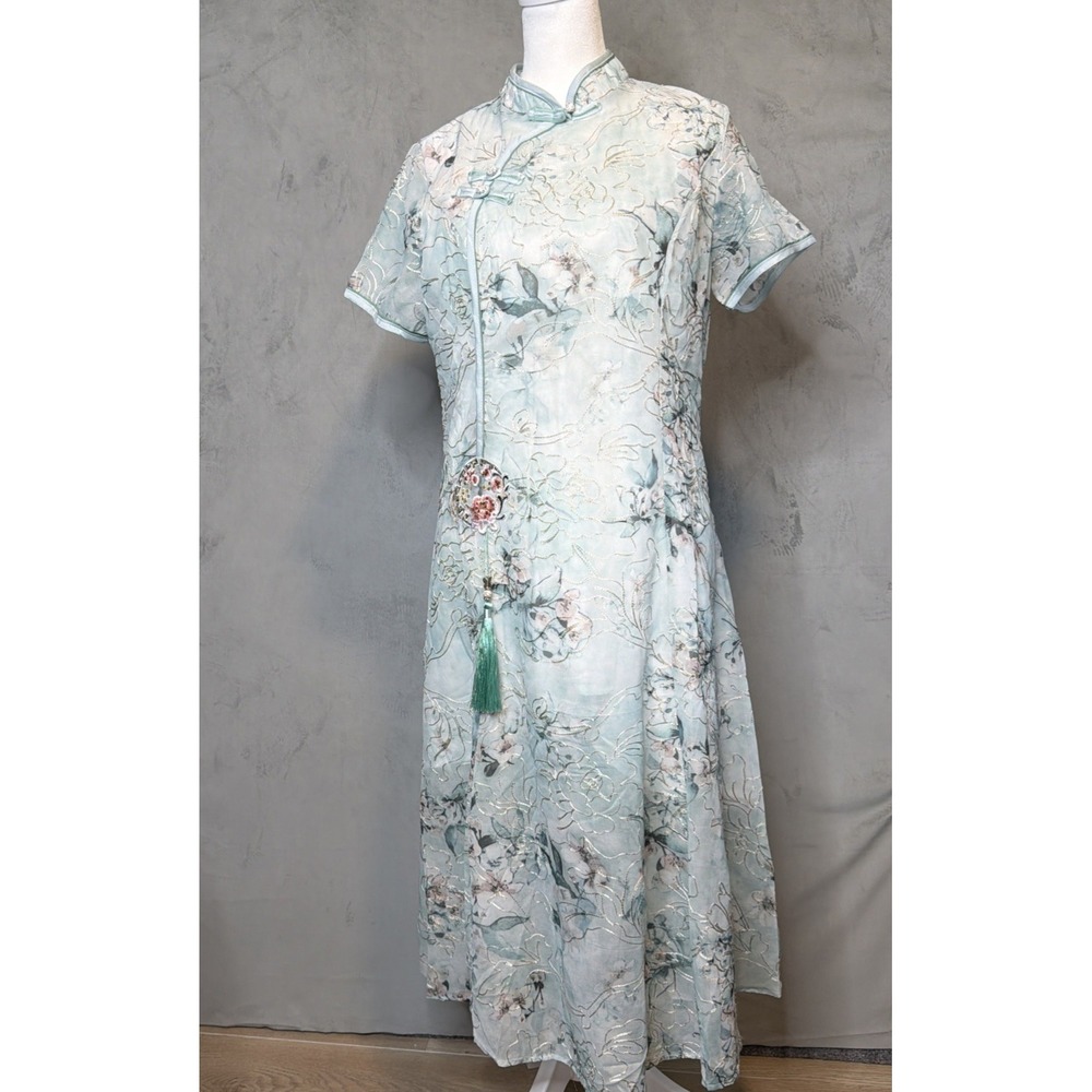 Lai Meng Five Cats Women's XXL Floral Cheongsam Midi Dress NWT Mint Green